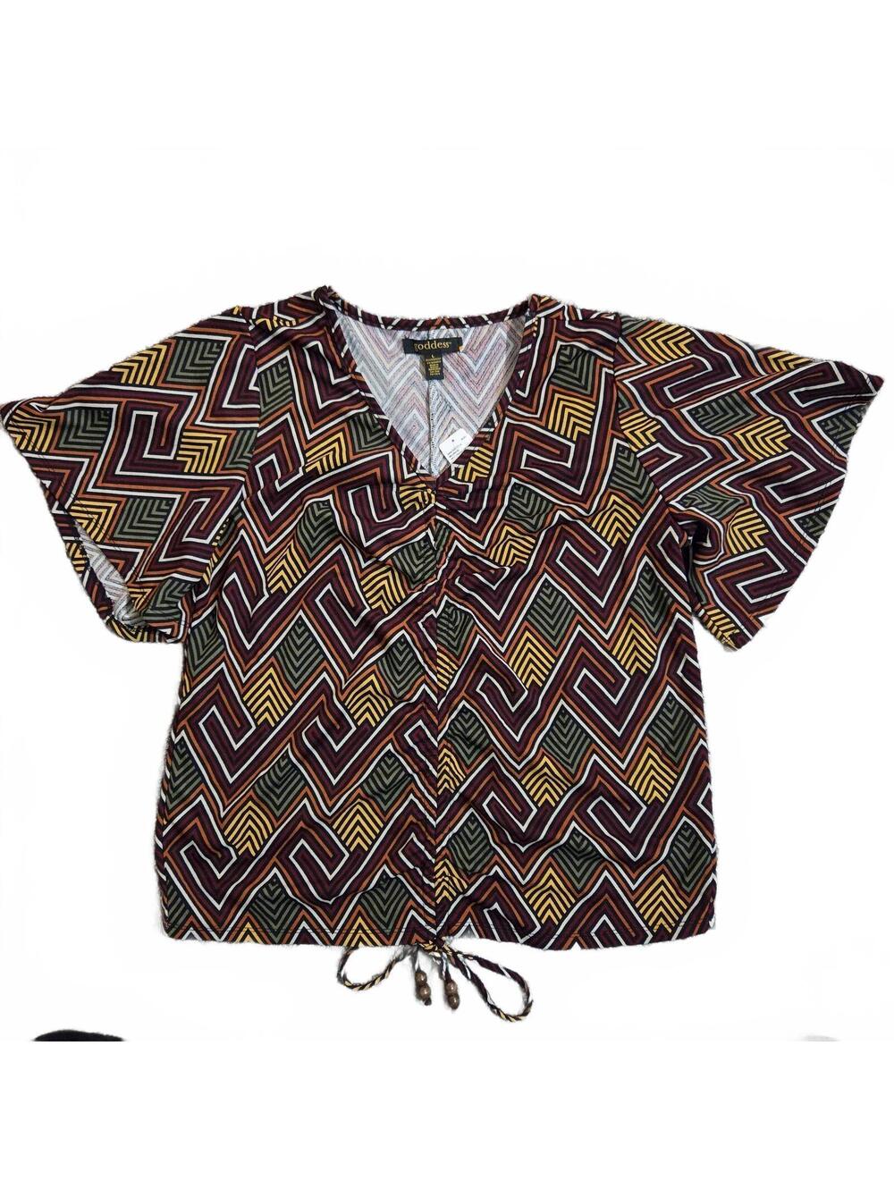 Goddess Women's Geometric Print Flutter Sleeve Tie Front Top Size L